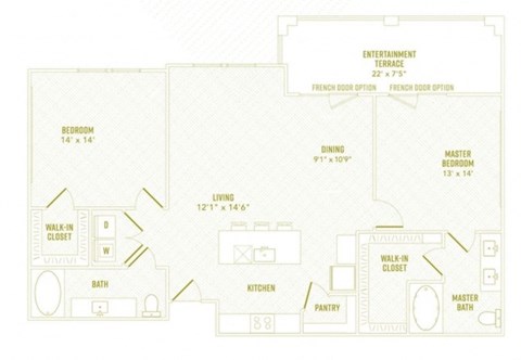 Floor plan for 2 beds, 2 baths, 1287 sqft